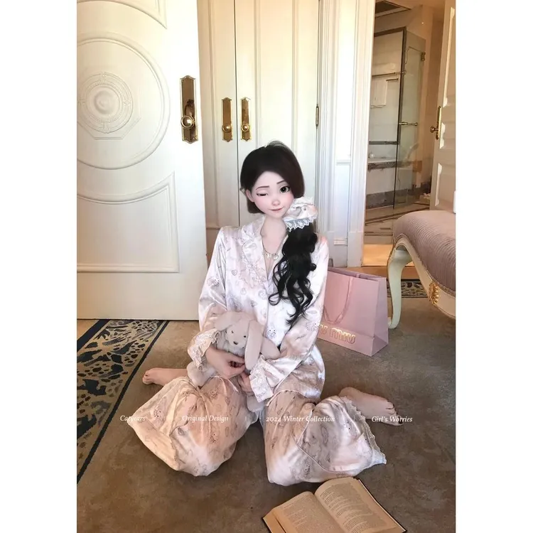 浪莎【蕾丝kitty】凯蒂猫蕾丝冰丝睡衣女春秋款2025新款套装家居服