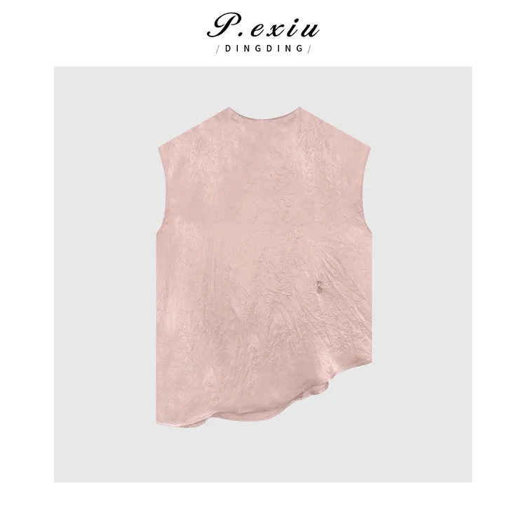 PanYiXiu/潘依绣100%醋酸气质光泽感斜角无袖圆领衬衫 T2507