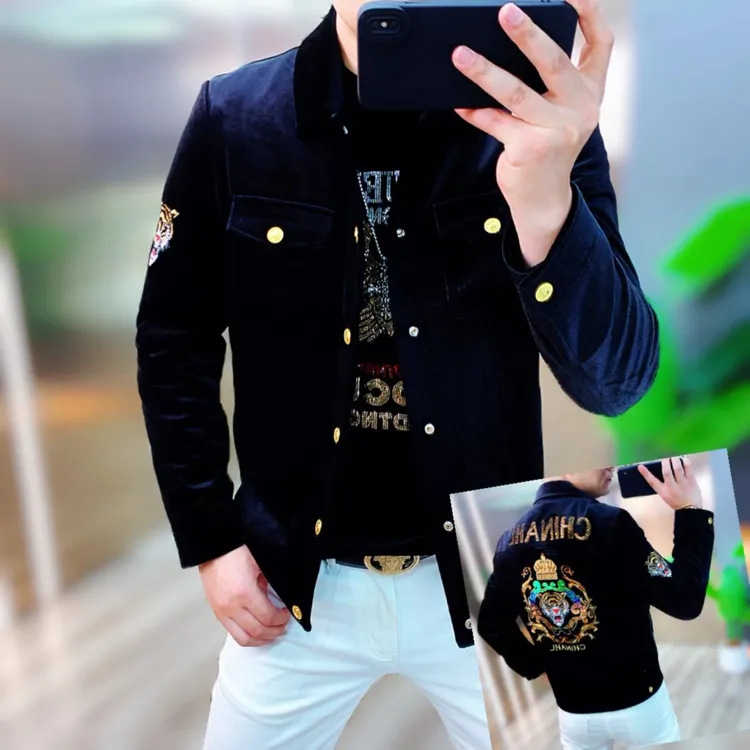 阿凯严选-欧货男士秋冬新款修身刺绣灯芯绒潮流百搭时尚夹克外套