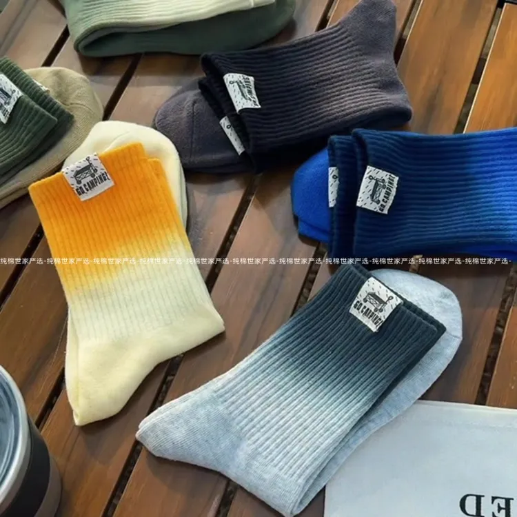 25春夏渐变中筒袜子男户外情侣工装风吸汗运动棉袜中性扎染袜子女