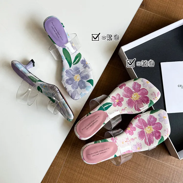 2025夏季新款透感花韵方头小众精致百搭中跟软底铲屎感透明凉拖鞋