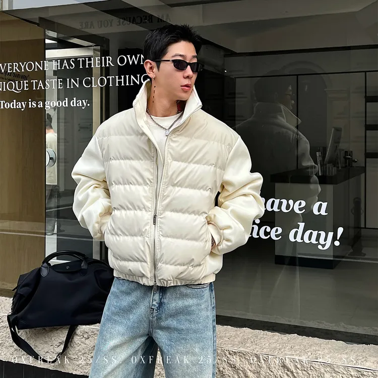 OXFREAK「老钱风 拼接呢料」90白鸭绒排骨羽绒服男冬季飞行员外套