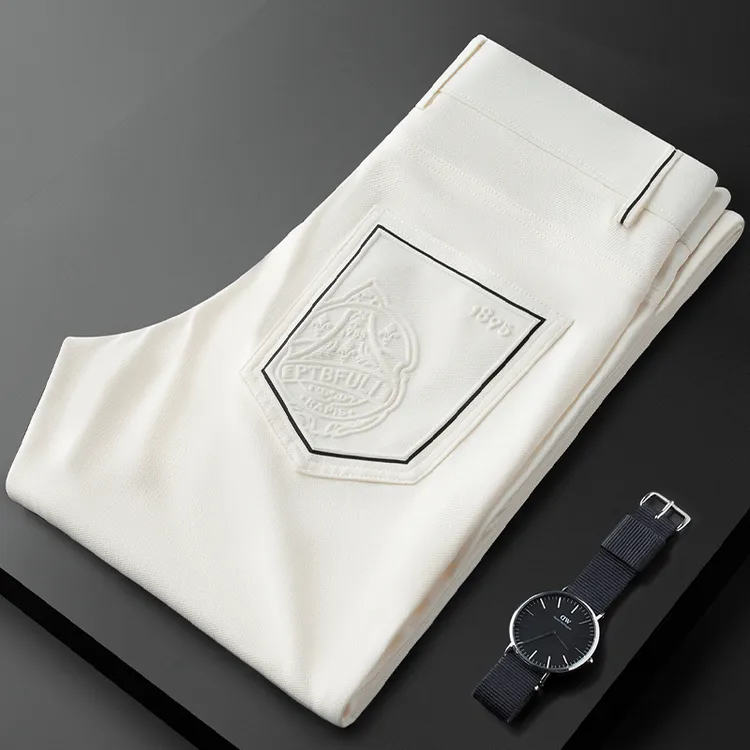 休闲裤男士夏季薄款轻奢商务修身高端欧货小直筒长裤白色牛仔裤子