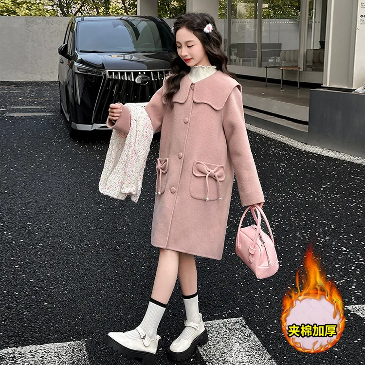 女童呢子大衣加厚冬装2024新款大童中长款上衣冬季女孩夹棉外套潮