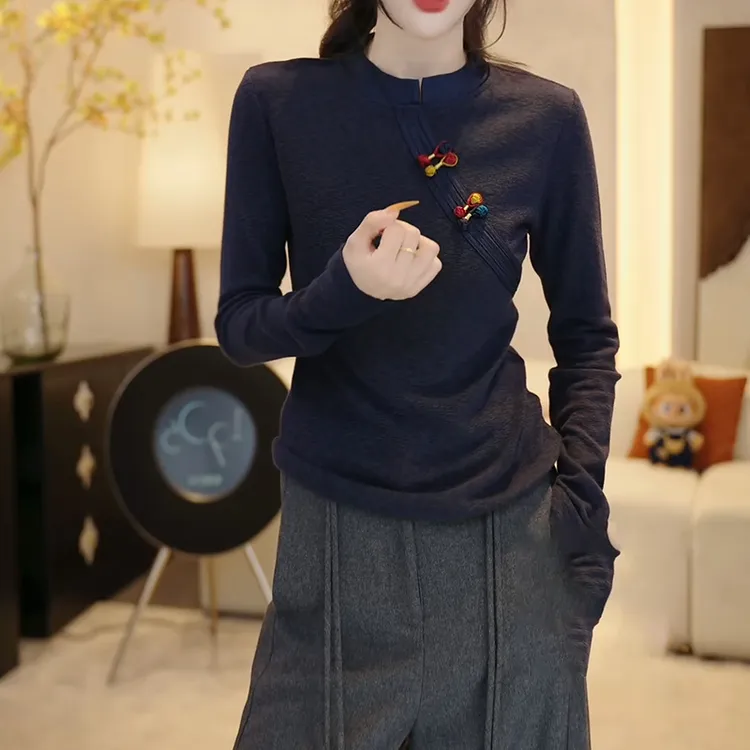 2025新款国风设计感藏青色长袖打底衫女士T恤上衣LK2506759