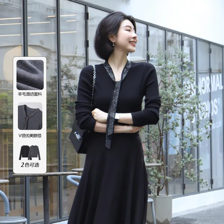 大洪洪【璀璨星河】秋新款飘带烫钻长袖针织衫女优雅大方羊毛衫上衣