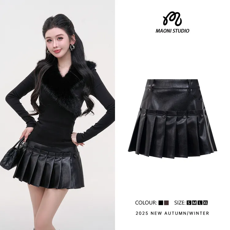 毛妮LADIESFIRST【黑褶星芒】辣妹风裤裙高腰百褶A字半身裙L2480