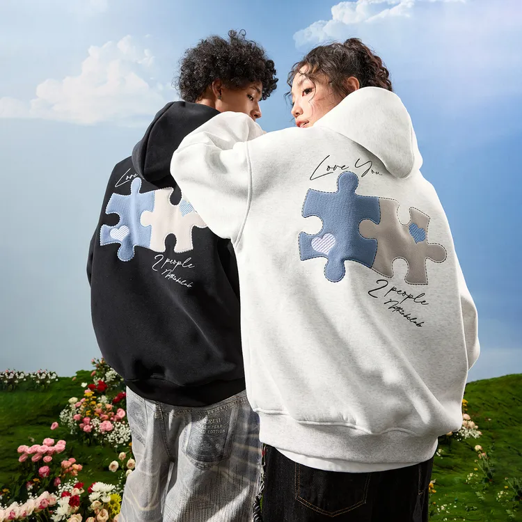 卫衣连帽开衫美式复古拼图刺绣拉链加绒加厚上衣外套男女冬新款