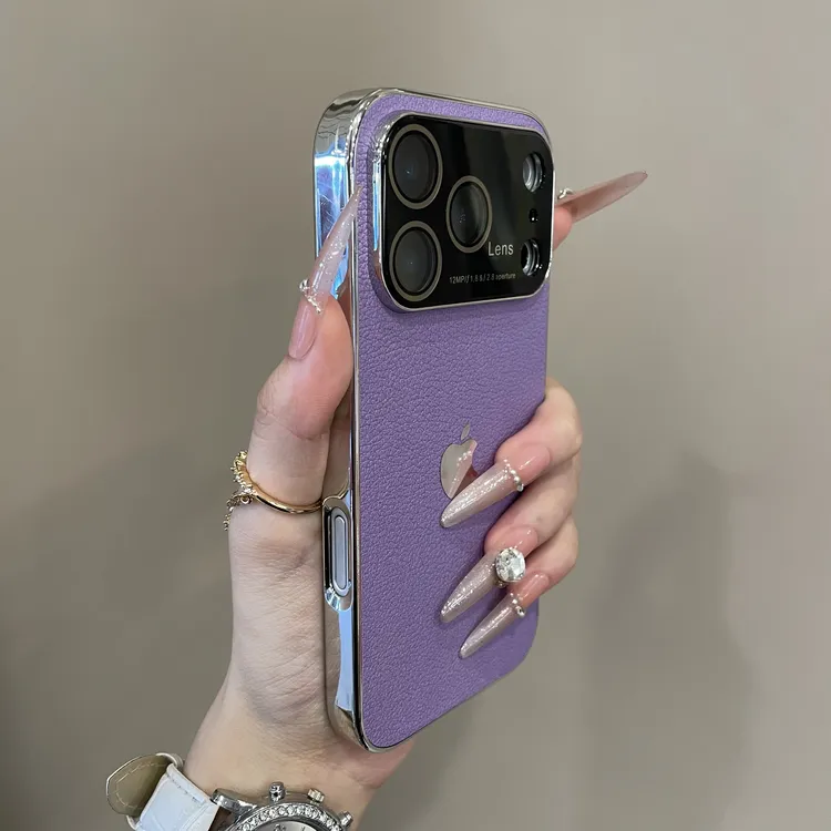 创意大视窗荔枝纹电镀边适用iPhone17手机壳16pm防摔15pro新款14
