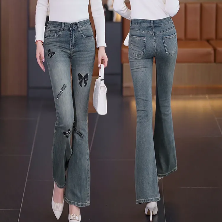 蝴蝶刺绣喇叭牛仔裤女2025年春秋冬高腰修身百搭微喇裤烫钻长裤