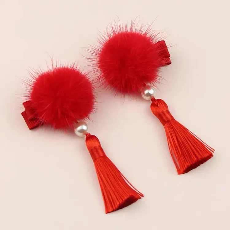 中国风儿童头饰发夹女童周岁礼唐装喜庆发饰水貂毛球流苏发卡头饰
