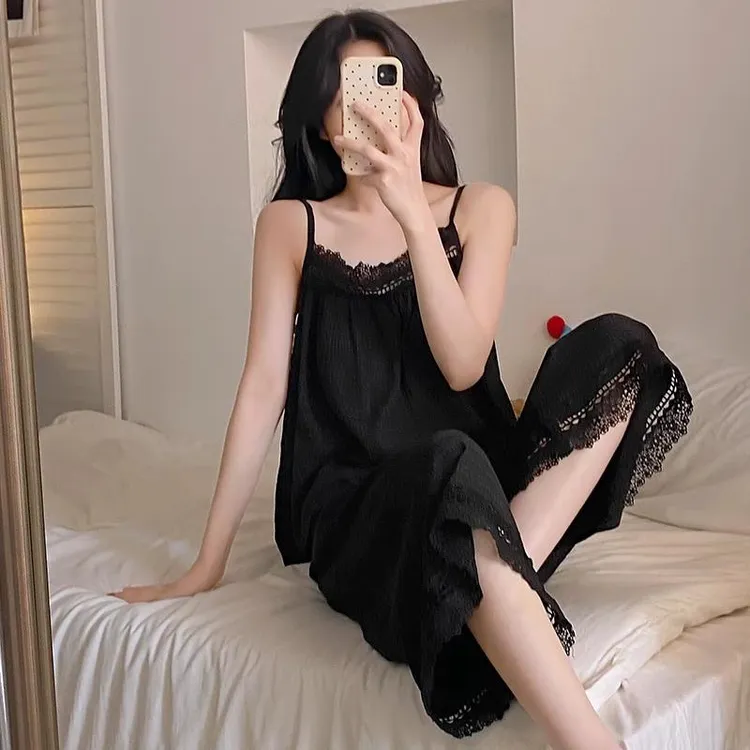 GPSUNLU吊带睡衣女新款夏季法式黑色带胸垫蕾丝棉绸背心家居服