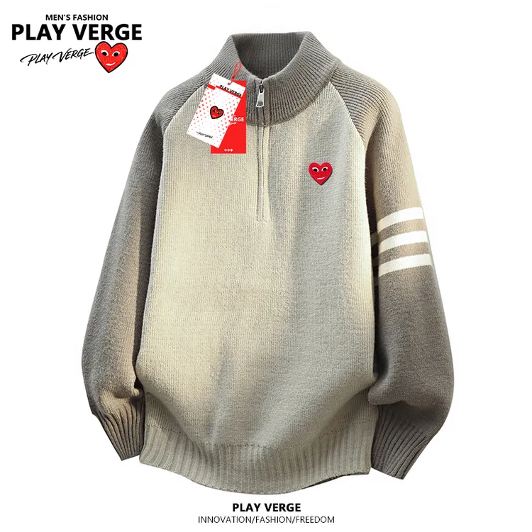PLAY VERGE立领针织衫秋冬季半拉链毛衣拼色高级感学院风复古毛衣