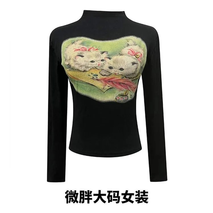美式时尚辣妹大码黑色猫咪卡通印花正肩女修身显瘦长袖上衣