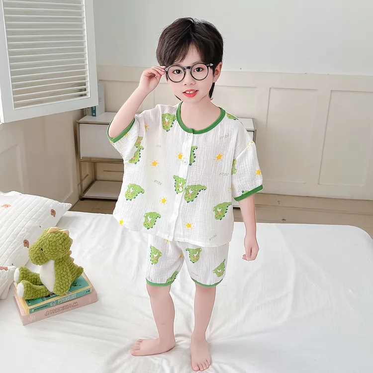 男童睡衣夏季纯棉男宝宝纱布空调服夏款七分袖套装儿童开衫家居服