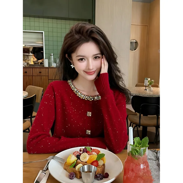 纯欲甜辣妹红色毛衣针织开衫女设计感秋冬季独特镶钻修身长袖上衣
