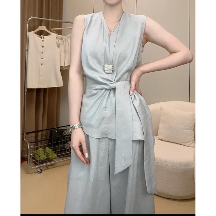 简约时尚衬衫2025夏女新款慵懒风休闲交叉系带上衣阔腿裤亚麻套装
