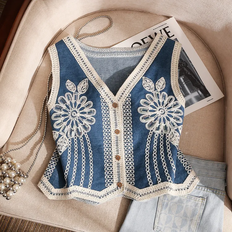 复古风轻奢高级小众亮片刺绣马甲背心内搭女无袖宽松薄款外穿上衣