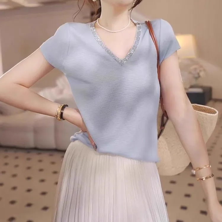 哥弟阿玛施正品2025夏新款纯色正肩蓝色V领短袖冰丝针织t恤女上衣