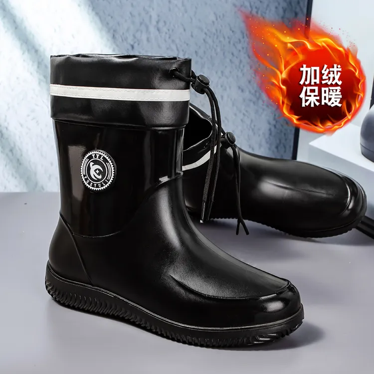德系水鞋雨靴雨鞋男39-48大码防水束口中筒固定绒保暖防滑胶鞋冬