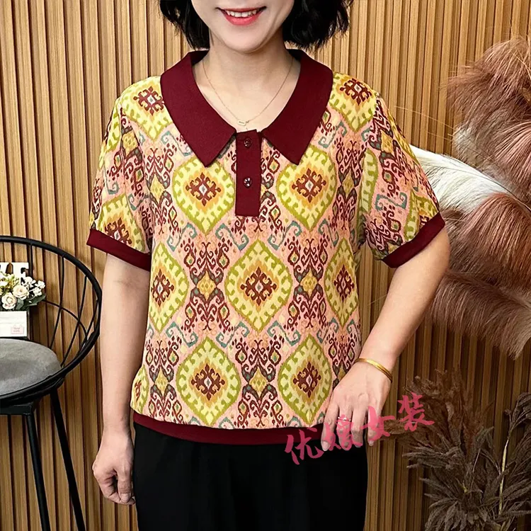 妈妈装夏季薄款娃娃领透气凉快宽松显瘦中老年女装短袖上衣 A6601