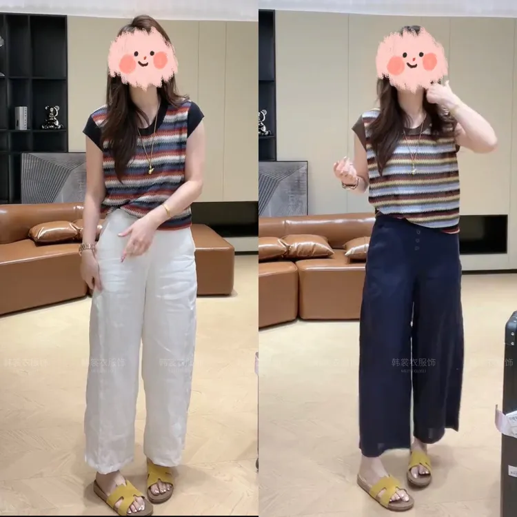 夏季条纹V领复古无袖显瘦针织上衣百搭透气单排扣高腰裤两件套