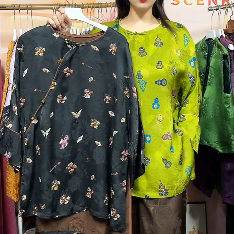 中式国风脸谱高端提花小衫圆领宽松版女上衣