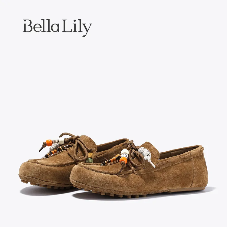 BellaLily2025冬季新款小众复古乐福鞋女牛皮一脚蹬平底休闲单鞋