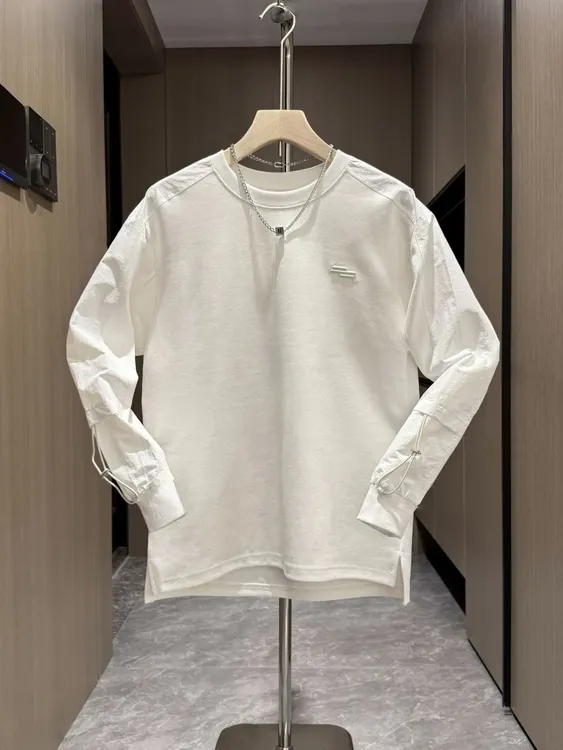 秋季新款潮牌拼接圆领卫衣男士简约纯色百搭开衩长袖痞帅休闲上衣
