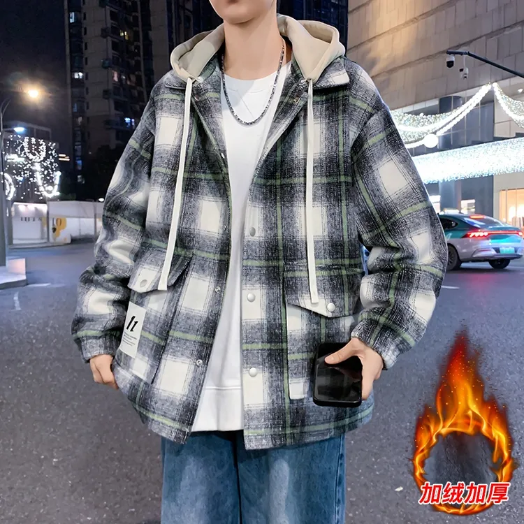 秋冬男士加绒加厚外套青少年学生格子毛呢连帽夹克休闲保暖棉服男