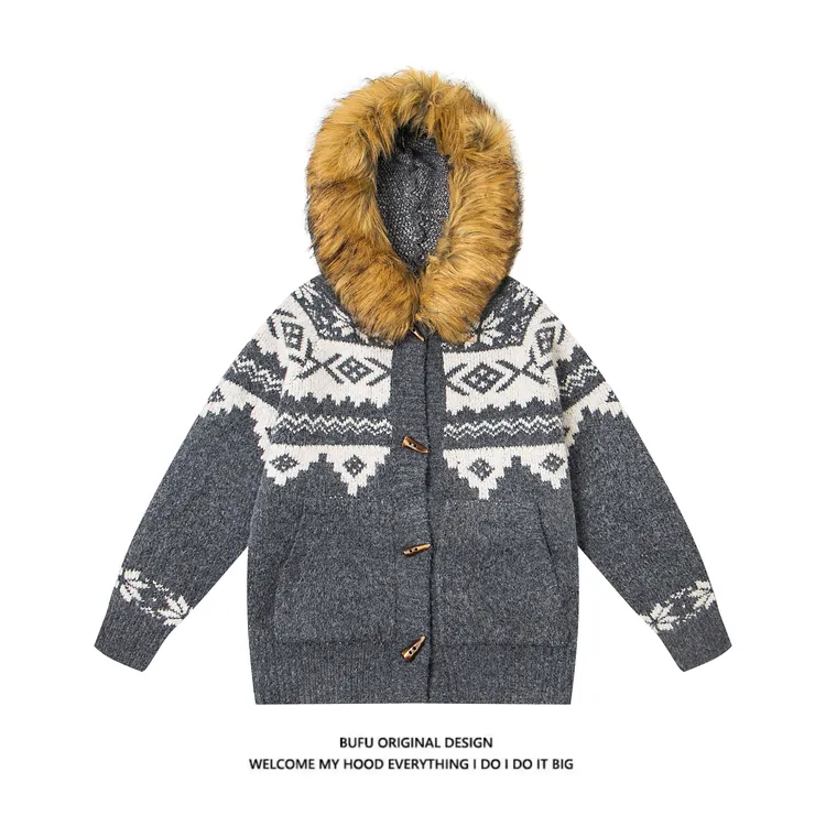 【官方店】亿万少年BUFU毛领费尔岛毛衣外套男女加厚情侣撞色针织衫