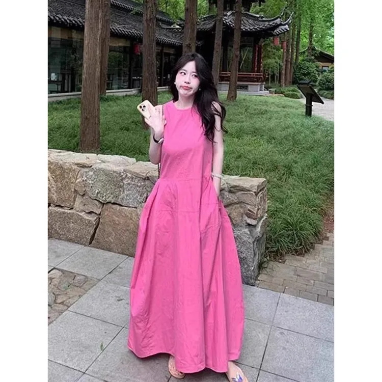 韩版背心无袖连衣裙女夏季2025夏装新款收腰大摆裙宽松显瘦中长裙