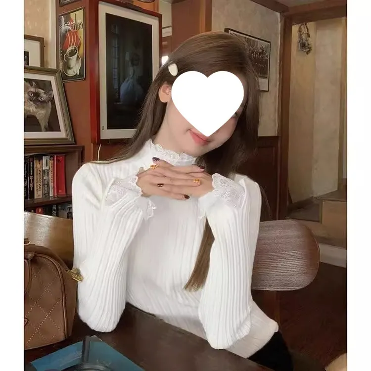 法式白色半高领蕾丝拼接打底衫女春秋季洋气百搭内搭针织毛衣别致