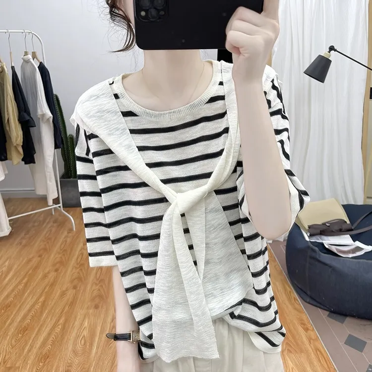 冰丝薄款披肩条纹短袖针织衫女夏季新款韩系宽松减龄上衣拼接T恤