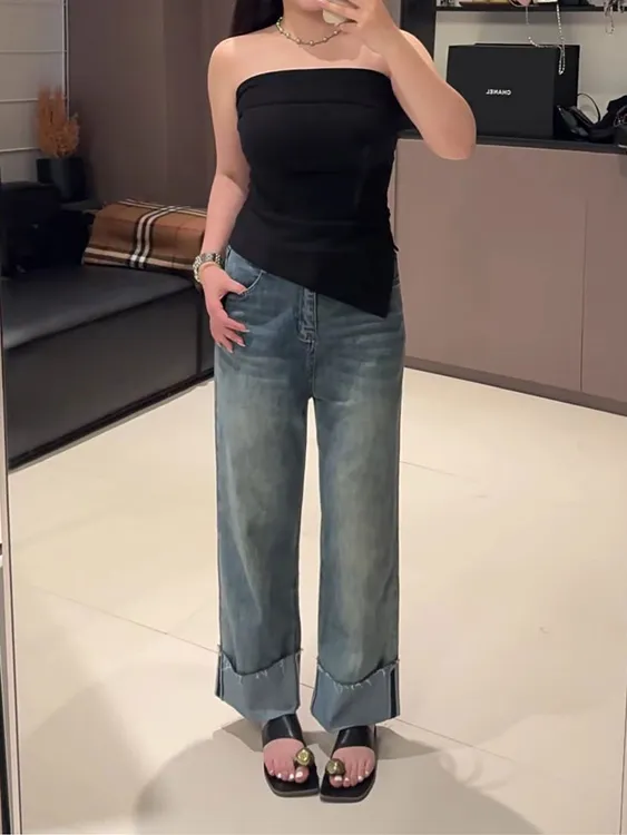 秋季新款烫钻牛仔裤女胖mm梨形身材高腰显瘦流行百搭宽松拖地裤子