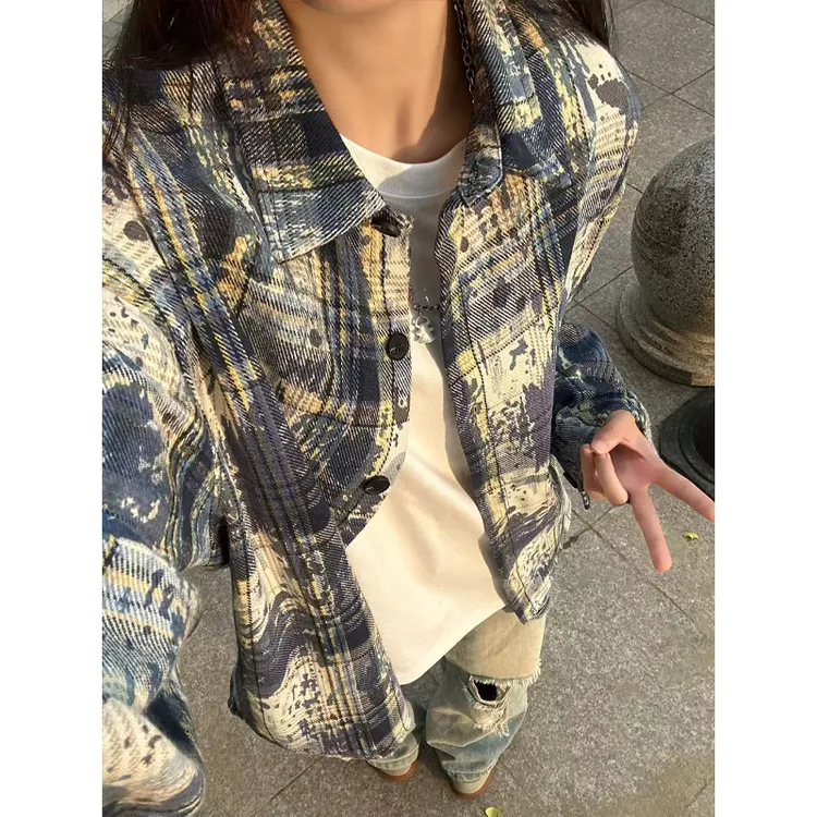 vintage蓝色扎染格子衬衫男女美式复古情侣长袖衬衣外套叠穿上衣