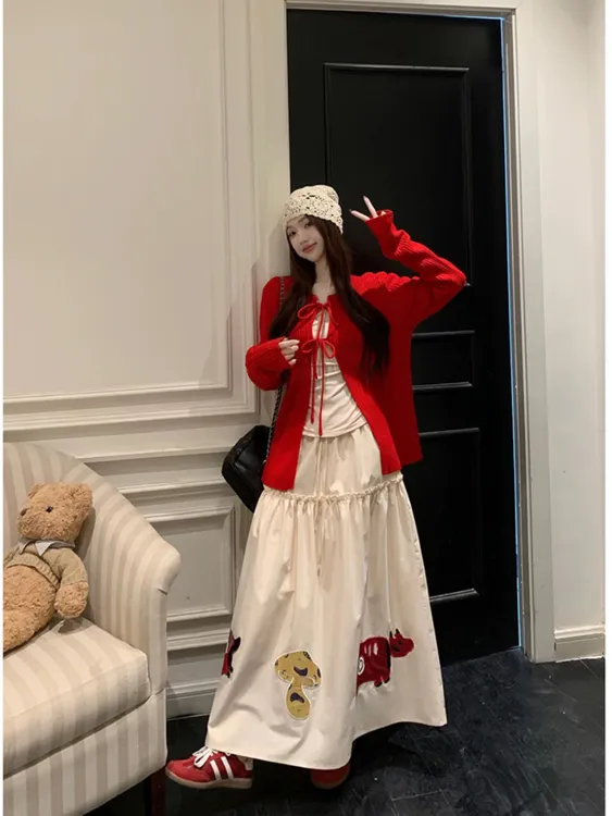 极简温柔风套装百搭绑带圆领开衫叠穿长袖半身裙女春季