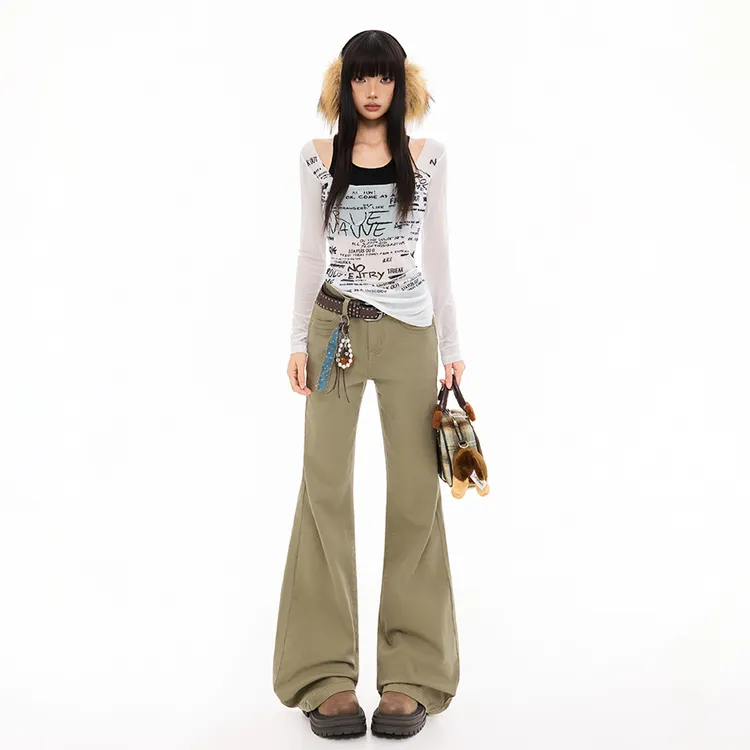 Busrr美式拉链设计微喇牛仔裤秋季新款修身显瘦不贴腿拖地喇叭裤