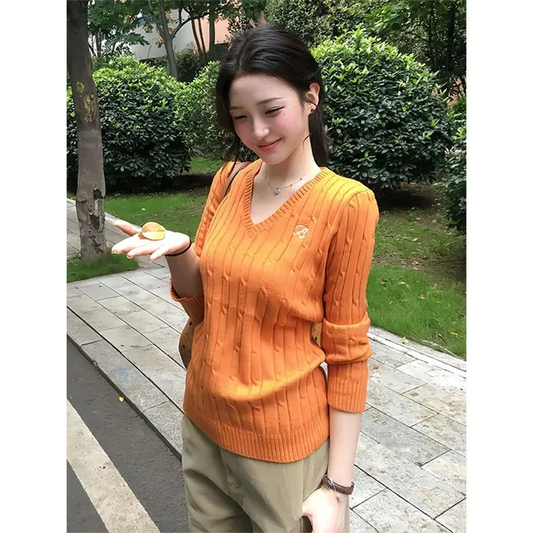美式复古麻花针织衫女春秋多巴胺橙色v领毛衣修身显瘦长袖上衣潮