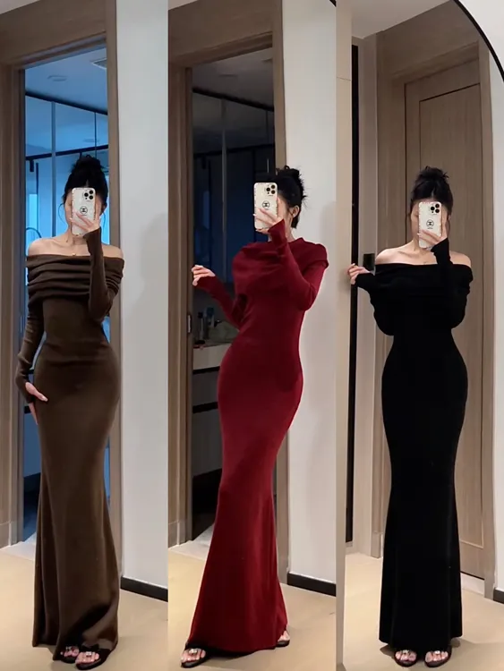 羊毛气质辣妹性感斜肩针织显瘦鱼尾裙修身秋季包臀裙一字肩连衣裙