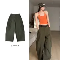 美式复古军绿色弯刀裤子女潮春秋街头高级松弛廓形拖地宽松牛仔裤