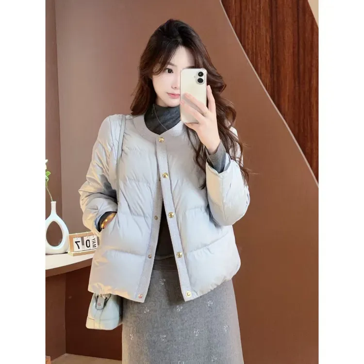 MuMu浅蓝色泡芙羽绒服冬季休闲外套WP10521灰色内搭上衣+高腰半裙