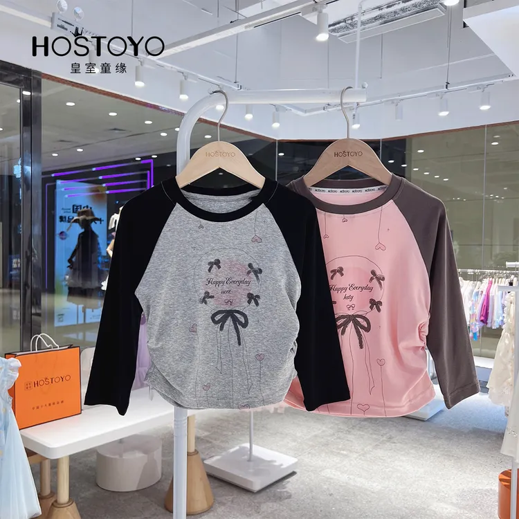 皇室童缘2025秋季女童新款卡通印花水印拼色T恤衫17730235014/7