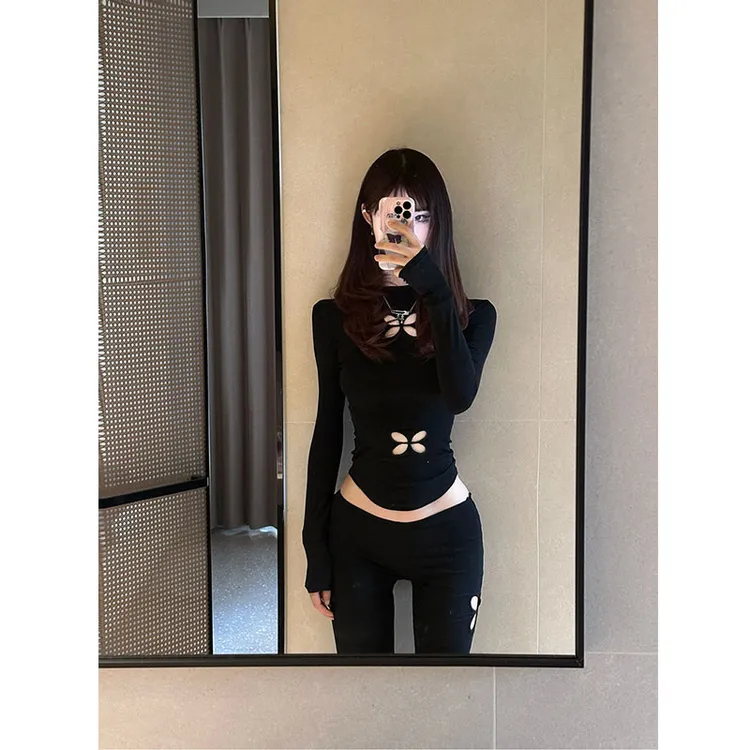 2025夏季新款黑色蝴蝶型镂空T恤上衣 设计感修身显瘦长款裤子套装