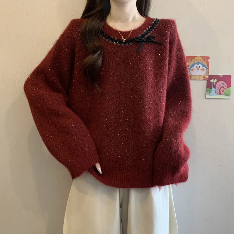 大码胖mm亮片设计感红色毛衣女2025冬季新款宽松慵懒风长袖针织衫