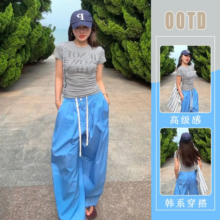 蓝色韩系高腰休闲裤时尚百搭2025夏季新款修身圆领短袖上衣两件套