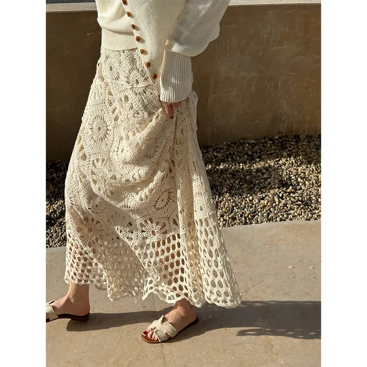SHIIEELL夏季新款法式浪漫棉质镂空休闲洋气钩花针织半身裙Z3038