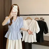 大码女装胖mm夏季新款2025褶皱收腰显瘦纯色衬衫短袖休闲衣服女士