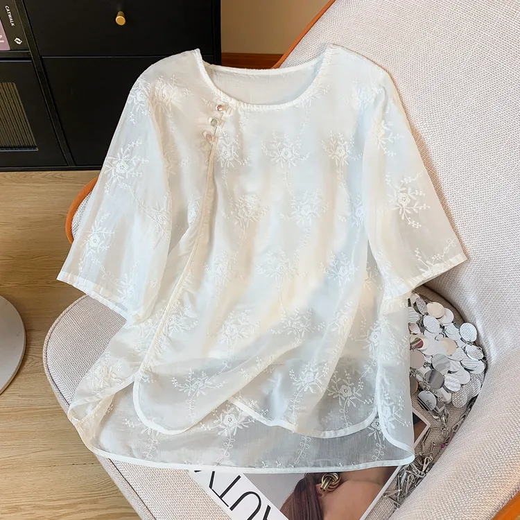 La Chapelle/拉夏贝尔大码文艺斜襟柔顺绣花上衣短袖圆领茶服小衫