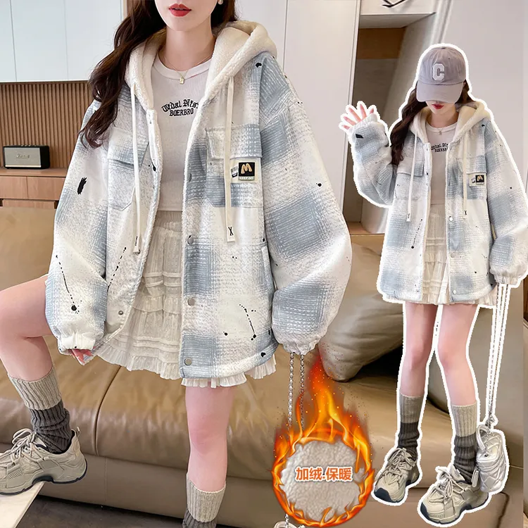 慵懒风加绒加厚少女秋冬2025新款棉服初中高中学生设计感连帽棉衣